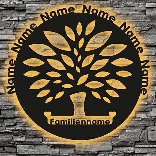 Waluna® LED Familienbaum personalisiert mit Namen und Familienname Lebensbaum Geschenk für Familie in 12 Holzarben