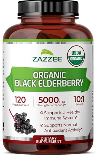 Zazzee USDA Organic Black Elderberry 10:1 Extract, 120 Vegan Capsules, 2 Month Supply, Sambucus Nigra, Antioxidant & Immune Support, Concentrated 10X Extract, All-Natural, Non-GMO, Made in the USA