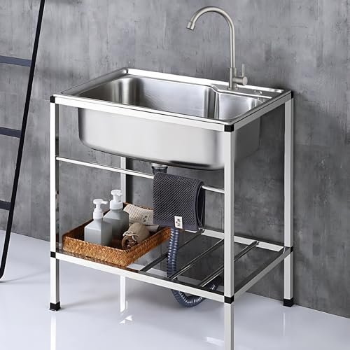 Küche Spülbecken,Ausgussbecken Mit Armatur Freistehendes Movable Edelstahl Gewerbliche Spülbecken Waschbecken Garten für Hinterhof Garage Wäsche Küche Bauernhaus 75 * 45cm