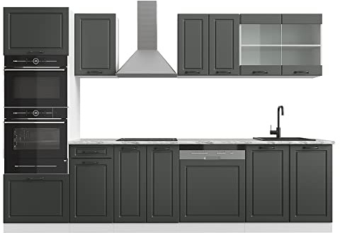Vicco Küchenzeile R-Line, Anthrazit Landhaus, 300 cm | 8 Module · Höhenverstellbare Füße · AP Marmor inkl. · MDF-Fronten · Mit Backofen-/Mikrowellenschrank