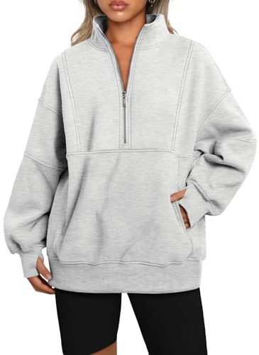 Famulily Women's Fall Sweatshirt Sweaters Half Zip Drop Shoulder Winter Thermal Fleece Lined Pullover Tops Gray XL