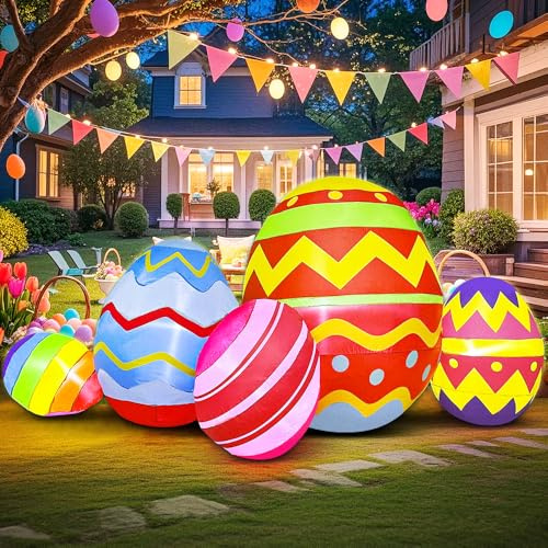 Aufblasbare Oster-Dekorationen, 2,4 m, fünf bunte Eier, eingebaute LED-Lichter, Urlaubs-Dekoration für Urlaub, Party, Outdoor, Garten, Hof, Rasen-Dekoration