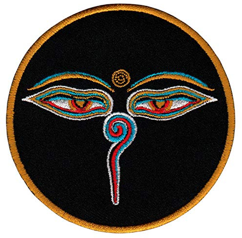 Buddha Augen Schwarz Esoterik Aufnäher zum aufbügeln oder aufnähen Bügelbild Aufbügler für Kleidung gestickter Bügelpatch Applikation Yoga Mantra Patch Größe 7,8 x 7,8 cm