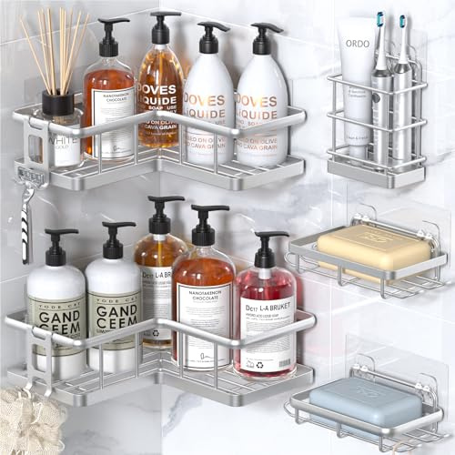 YASONIC Organizer per doccia ad angolo, confezione da 5 organizer per doccia con 4 ganci rimovibili e portasapone, ripiani per doccia antiruggine, senza foratura, grande organizer per doccia, colore