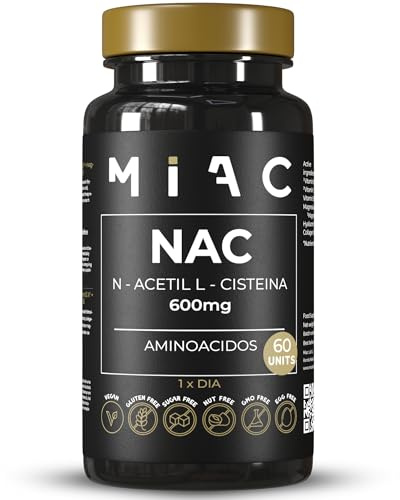 MIAC NAC N-Acetil-Cisteína 600 mg. 60 Cápsulas. Suplemento NAC Fuente Natural de Antioxidantes y Aminoácidos para el Glutatión. Vegano, Sin OGM y Sin Gluten