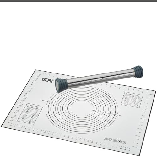 GEFU 2er Set Nudelholz REGO & Silikon Backmatte PAD - Edelstahl Teigroller | Einstellbare Dicke 0-10 mm, Antihaft-Silikonunterlage mit Skala, ideal für Pizza, Pasta und Kuchen, spülmaschinengeeignet