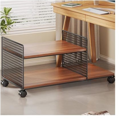 YFAURNDE Druckerständer,Druckerwagen,Druckertisch mit Rädern,Druckerhalter,Regal for Drucker,Unter Schreibtisch Holz Drucker Regal,Schreibtisch Drucker Ständerhalter(Black Frame Teak Board)
