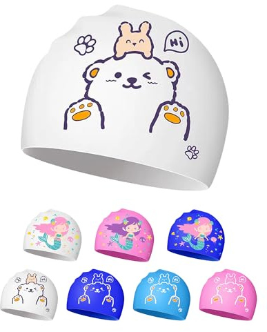 Cuffia Piscina Bambini 4-12 anni, Cappello Nuoto Bambini in Silicone, Impermeabile e Antiscivolo (Orso bianco)