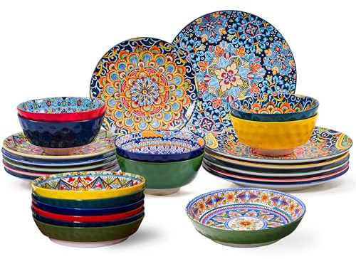 Romatlink Dinner Plates set of 6, Microwave and Dishwasher Safe, Scratch Resistant, Bohemian Style Plates and Bowls Set for Salad, Pasta, Dessert,Steak, Appetizers
