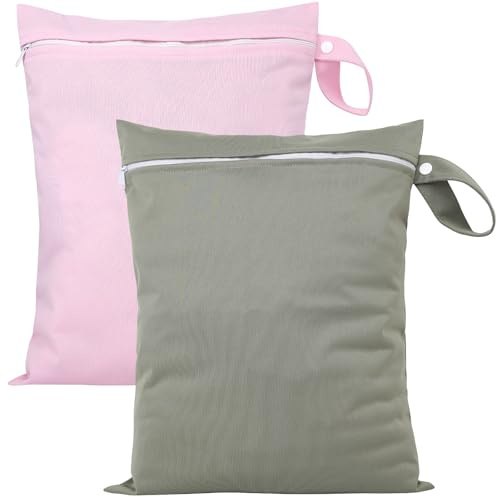 ZephyrCraft 2 Stück Wasserdichter Wet bag 40x30 cm, Wiederverwendbare Wäschebeutel für Reise & Waschmaschine mit Reißverschluss, Wäschesack für Badeanzüge, Sportkleidung, Windeln（Grau/Rosa）