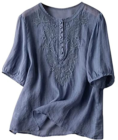 Blouse Femme Chic et Élégant Brodee Chemisier Coton et Lin Col Rond Haut D'été Respirant Blouse à Manches Courtes Couleur Unie Été Chemisier avec Boutons Coupe Ample Haut Décontracté