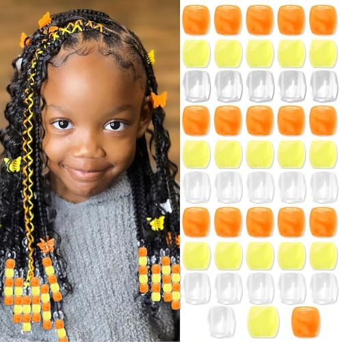 Kotkiddy 48 Stück Perlen Haarperlen Zopf Accessoires für Kinder Mädchen Süss Loc Perlen Haardekoration Schmuckmacher Set mit Werkzeug (Gelb Orange Transparent)