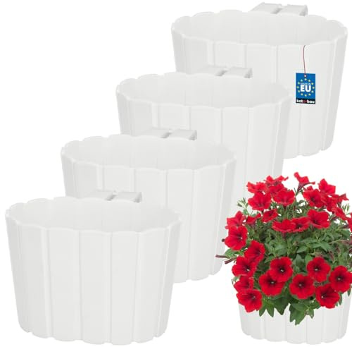 KOTARBAU® Blumenkasten für Balkon 20x14x13 cm, Balkonkasten mit Halterung | Blumenkasten für Balkongeländer, Balkon Pflanzkasten oval, Balkon Deko, Balkonkästen aus Kunststoff, Weiß, 4er Set