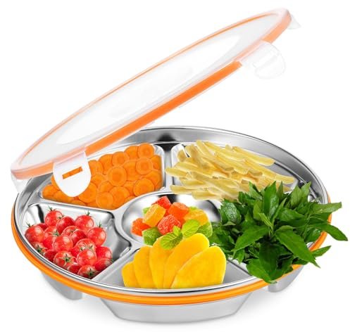 TOPPERFUN Plateau de Service Compartimenté Acier Inoxydable avec Couvercle Plateau Apéritif Hermétique pour Fruits Légumes Snacks Polyvalent Facile à Nettoyer