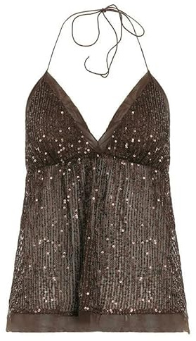 YLCYDLYU Rückenfreies Top Modisches Pailletten-Top Mit Schmalem Rücken Und V-Ausschnitt Für Damen Im Retro-Stil-Braun-S