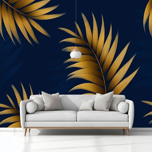 Papel Tapiz Fotográfico Lujoso Oro De Hoja De Palma Azul Oscuro 368x254 cm 3D Papel Pintado Panorámico, Fuera de la Ventana Murales Decoración Pared para Cuarto de Niño Salón Oficina