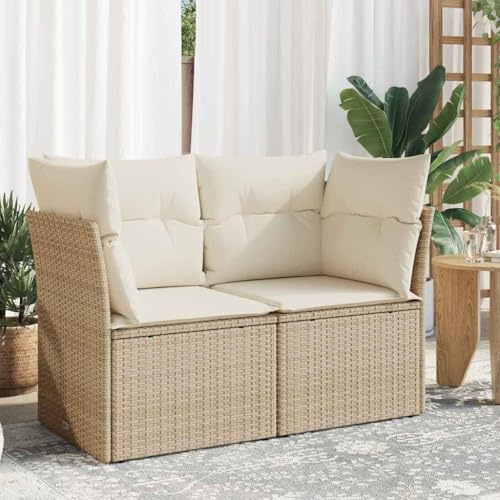 Yunovire Gartensofa mit Kissen, 2-Sitzer Beige Poly Rattan, UV-beständiges Loungesofa für Balkon, Terrasse, Garten, 124x62x69cm