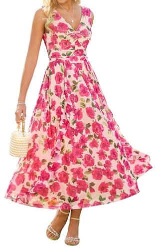Summer Dresses for Women UK, Sleeveless V Neck Floral Wedding Guest Dress, Casual Swing Smocked Ruffle A Line Holiday Maxi Dresses L Rose Red