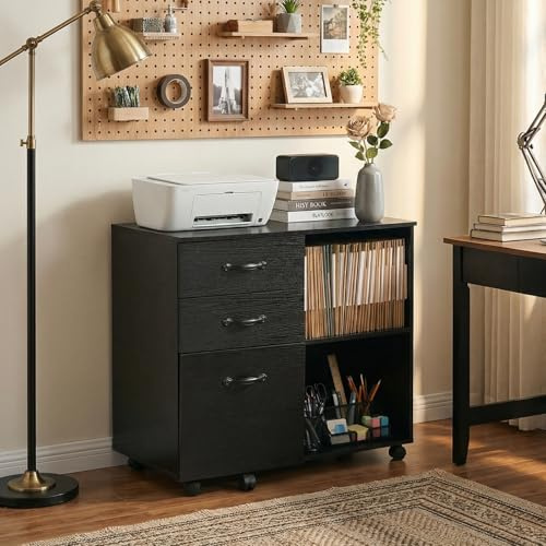 buybyroom Meuble de bureau à roulettes avec 3 tiroirs, 2 compartiments ouverts, armoire de classement avec 5 roulettes, armoire de bureau, armoire de bureau, armoire à dossiers suspendus, table