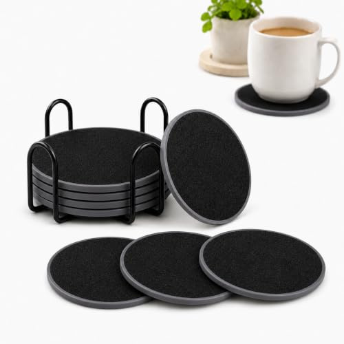 Drink Coasters with Metal Holder, 8 Pcs Absorbent Coasters for Drinks with Holder, Silicone Coffee Table Decor Tabletop Protection, Non-Slip Round Black Drinks Coasters for Home Kitchen Office Bars