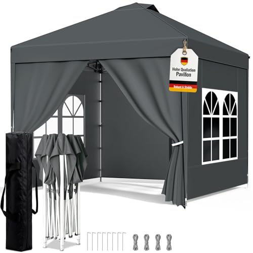 WoRaum Pavillon 2.5x2.5m Wasserdicht, PU1500mm Bespannung & Stahlgestell - Faltpavillon Winterfest mit Seitenschutz & One-Push Höhenverstellung - Inkl. Zubehör (ohne Sandsack,Anthrazit)