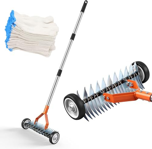 Rastrillo de escarificador con Ruedas para césped, rastrillos de escarificador de Acero Inoxidable de Alta Resistencia 130cm,escarificadores para césped, con Mango Ajustable,para Limpiar hierb Orange