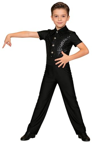 inhzoy Camicia Body Ballo Latino Americano Bambini e Ragazzi Body da Ginnastica Artistica Manica Corta Tuta Intera da Pattinaggio Artistico Jumpsuit con Paillettes Dancewear Nero 9-10 anni