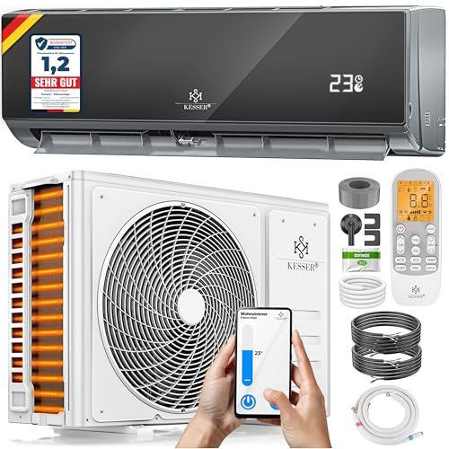 KESSER® Klimaanlage Set Split, WiFi/App Funktion Klimagerät, Kühlen A++/Heizen A+, 18000 BTU/h (5.300W) sehr leise, Kältemittel R32, Fernbedienung, Timerfunktion, Montagematerial, Anthrazit