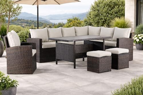 Mandalika Garden Hohe Dining Poly Rattan Lounge inkl. einem Sessel und Zwei Hocker Milos XL braun auch spiegelverkehrt nutzbar
