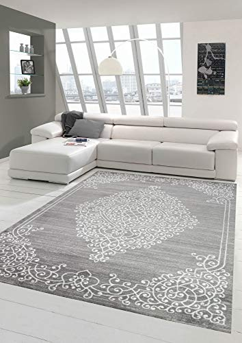 Merinos Moderner Teppich Orientteppich Ornamente mit Glitzergarn in Grau Creme Größe 120x160 cm