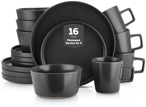 Stone Lain Coupe Geschirrset, 16-teilig, Service für 4, schwarz matt