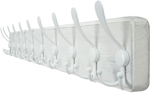 WEBI Garderobenleiste,98cm Lang Garderobenhaken mit 10 Dreifachhaken,Wandgarderobe Holz,Kleiderhaken Wand,Hakenleiste Garderobe,Jackenhalter Wand für Mäntel,Jacken,Weiß