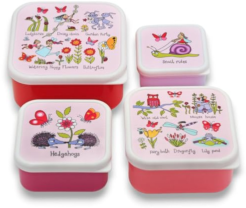 Tyrrell Katz Kids Snack Boxes with Secret Garden Print - Children's 4 Piece Set - Freezer Safe Square Food Storage Containers