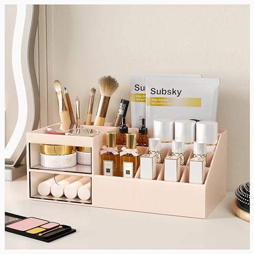 Subsky Make up Organizer mit Schubladen, Multifunktion Schminktisch Organizer Einfache Aufbewahrung für Make-Up Pinsel Wattepads, Schreibtisch Organizer für Dresser Skincare Rosa