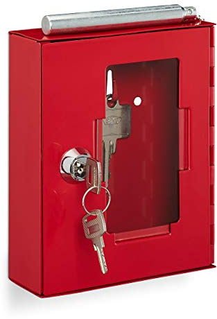 Relaxdays Notschlüsselkasten, mit Glasscheibe & Glasbruchhammer, abschließbar, Metall, Notfallschlüsselkasten klein, rot