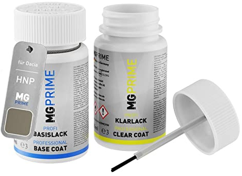 MG PRIME Autolack Lackstift für Dacia HNP Beige Dune Metallic + Klarlack | Dünen-Beige Metallic, Set aus Basislack + Klarlack, Lackfläschchen mit Pinsel, je 50ml