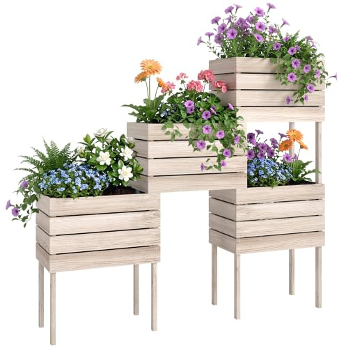 Outsunny Hochbeet Pflanzkübel 4 Kombinationsmodi 50 x 30 x 60 cm Natur | Pflanzkasten aus Holz, im Garten und Balkon, 4 Tlg.
