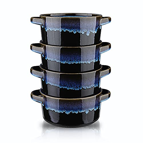 KOOV Porzellan-Suppenschalen mit Griffen, mikrowellengeeignet, groß, 680 ml, für Müsli, Eintopf, französische Zwiebeln, reaktive Glasur, 4 Stück (Nebula Blue)