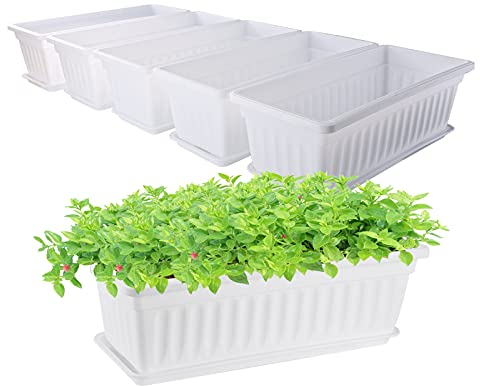 Greaner Kunststoff-Blumenkästen, rechteckig, 6 Stück, groß, lang, 42 x 19 cm, dicker Pflanztopf mit Tablett für Gemüse, Garten, Küche, Haus, Büro, Balkon, Innen- und Außenbereich, Weiß