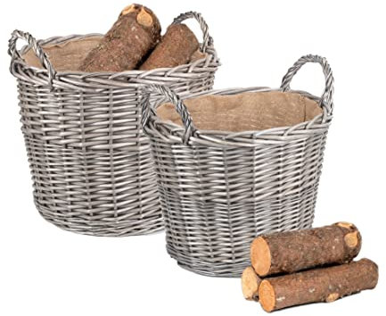 Wrenbury Set of 2 Round Log Baskets - 38 & 51cm with Hessian Lining for Fireplace, Laundry or Wood Storage