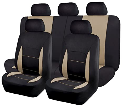 Flying Banner Stoff Autositzbezüge Komplettset Universal Set (Vollständige Reihe, Beige und Schwarz)