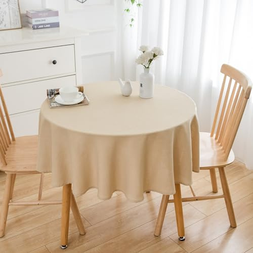 Simurq Tischdecke Abwaschbar - Wasserabweisend | Rund 160 Leinenoptik-Lotuseffekt | Pflegeleicht & fleckenabweisend | Beige -Tischtuch Table Cloth