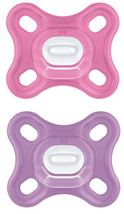 MAM Comfort Schnuller im 2er-Set, besonders kleiner und leichter Baby Schnuller für Früh- & Neugeborene aus 100% Silikon, mit weichem MAM SkinSoft Saugteil & Schnullerbox, 0+ Monate, pink/lila
