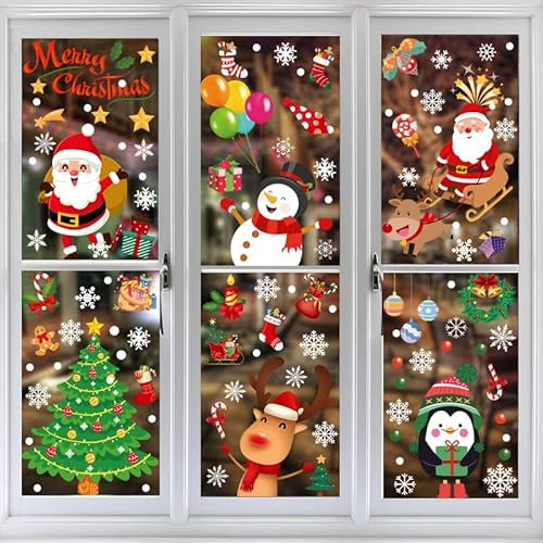 Christmas Window Stickers, AUERVO 9 Sheet 216Pcs Static Merry Christmas Window Clings Sticker Decoration Santa Claus Reindeer Decals for Christmas Party Supplies, 30x20x0.3