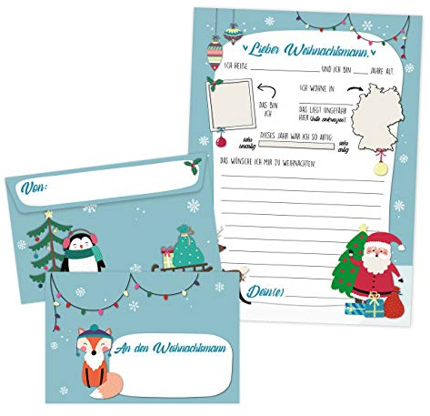 Papierdrachen Briefe an den Weihnachtsmann - Christkind - Weihnachtspost für Kinder - mit Umschlägen - Wunschzettel zum Ausfüllen & Verschicken - blau