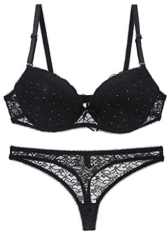 Necalisi Bra and Panties Set Black Lingerie for Women Floral Lace Bra with Embroidery Bra with Half Cup Bra and Knickers Set (Underwire Lingerie Set) Soft Bras for Women 85E