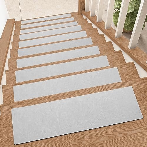 Color G Stufenmatten Treppenstufen Matten Treppenteppich Stufenmatten innen 15 Stück, Schneidbar Rechteckig Teppich Treppenstufen antirutsch für Treppensteigen - 24.6 x 81.6 cm, Grau