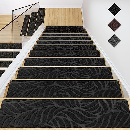 GOYLSER Alfombra de Escalera para Escalera de Madera, Alfombra de Escalera Antideslizante, Alfombra de Escalera de Fieltro autoadhesiva para Interior, 15 Piezas, 76 x 20 cm, Hoja de plátano Negra