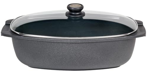 SKK großer Antihaft Gussbräter 40x24 cm - induktionsgeeignet - rechteckiger beschichteter Brattopf mit Glasdeckel - Made in Germany