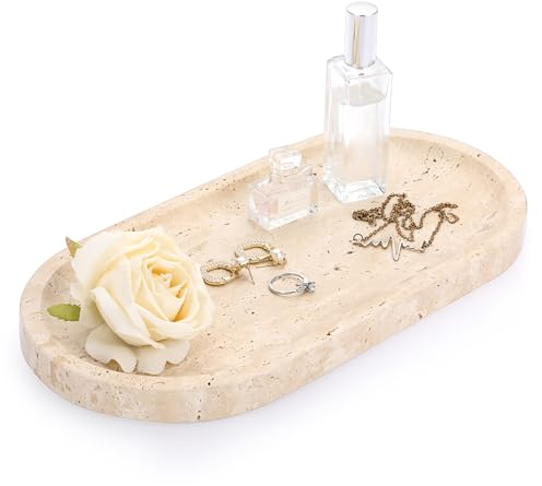 OLegei Badezimmertablett aus Travertin Beige Natur, Aufbewahrungstablett oval für Schmuck Deko-Tablett Serviertablett 30 x 15,5 x 2 cm